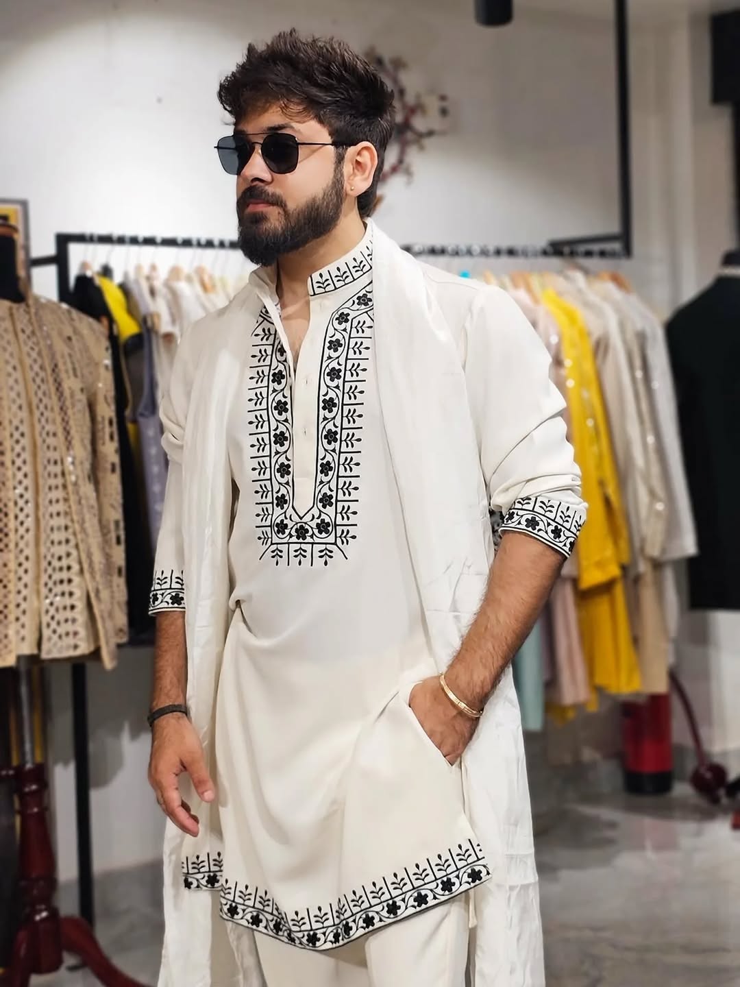 White Hand Embroidery Cotton Kurta Pyjama
