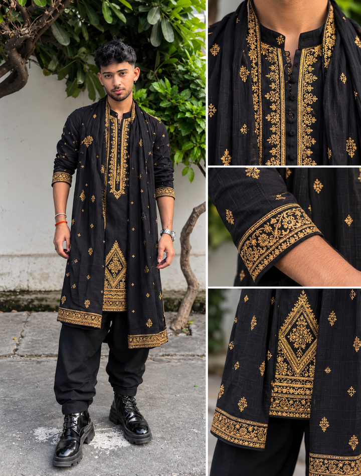 Midnight Black Royal Embroidered Kurta Set [A-edition]