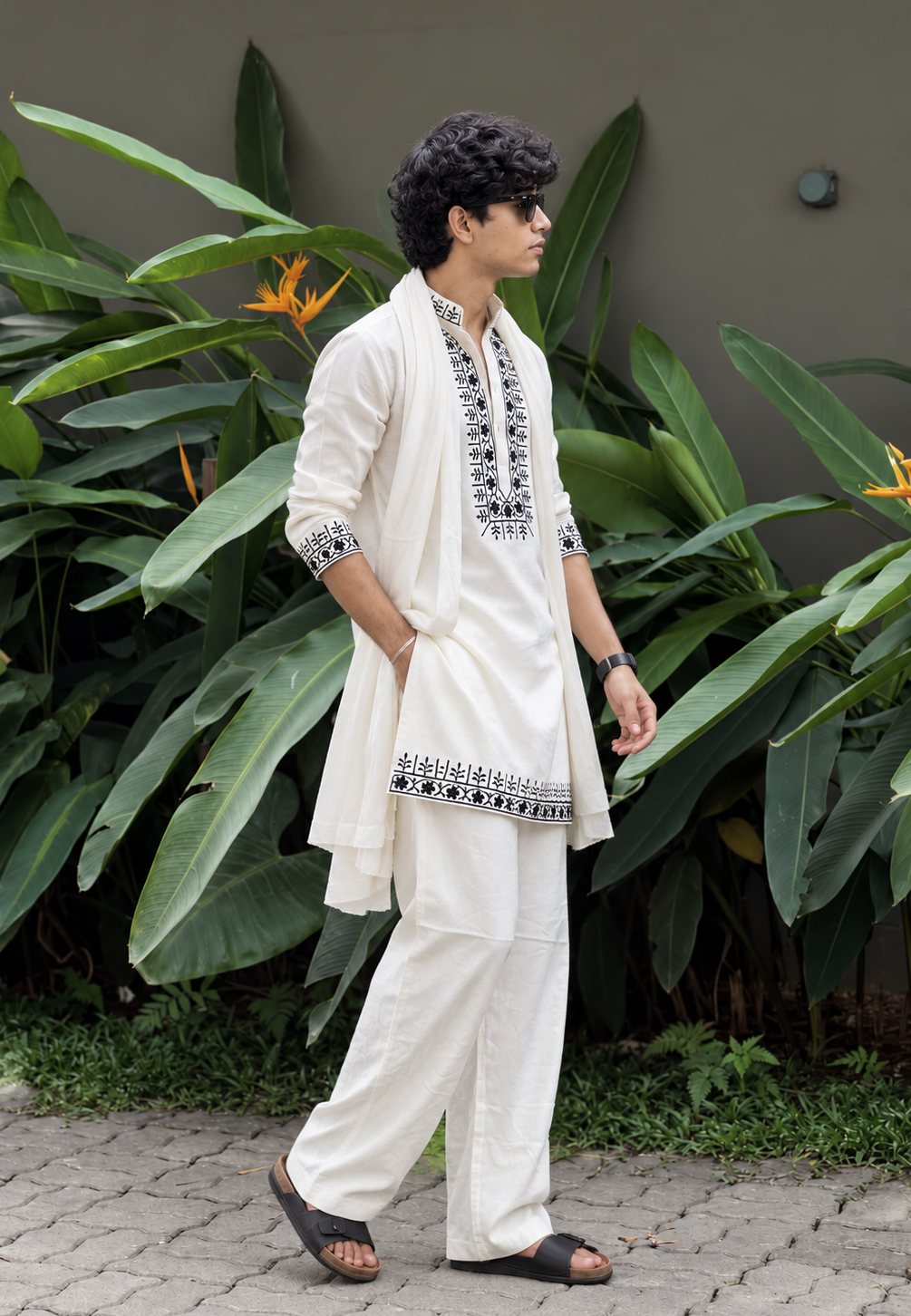 White Hand Embroidery Cotton Kurta Pyjama