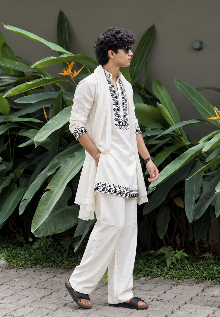 White Hand Embroidery Cotton Kurta Pyjama