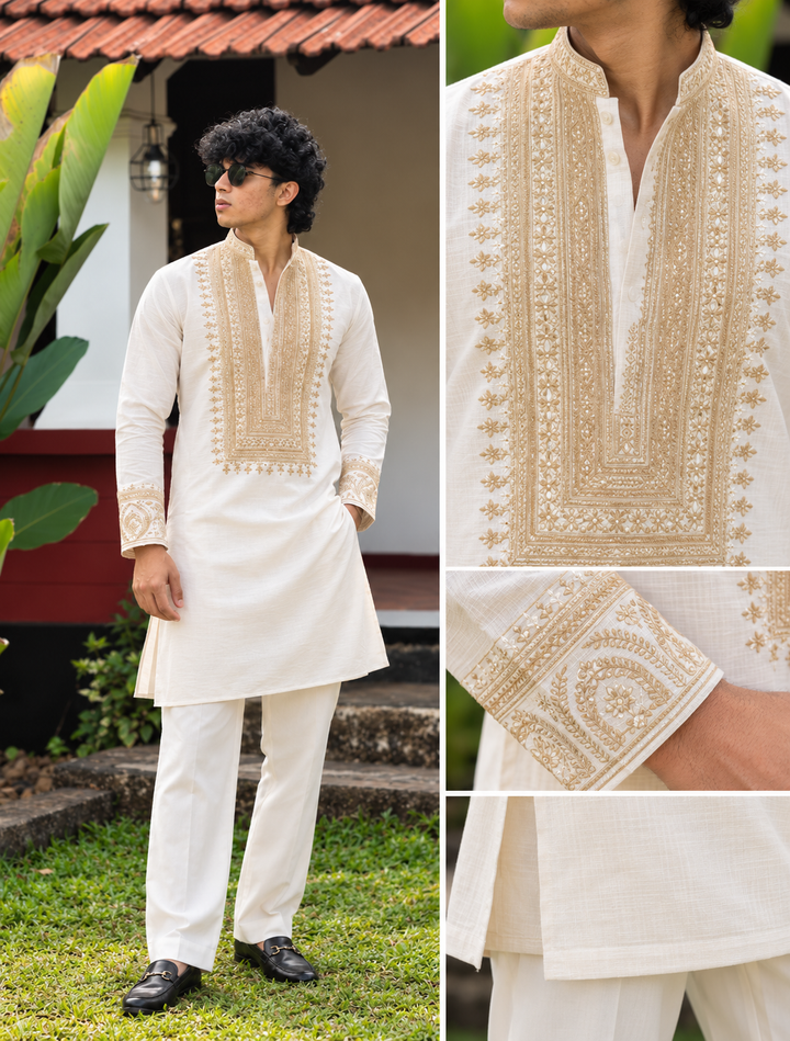 Cream Ivory Silk Kurta Set With Embroidery