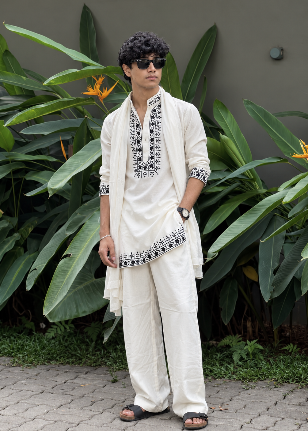 White Hand Embroidery Cotton Kurta Pyjama
