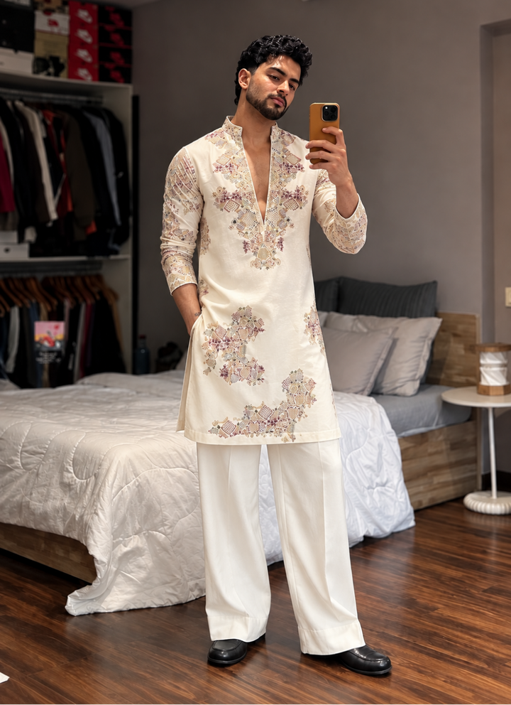Ivory  Embroidered Kurta Pyjama Set