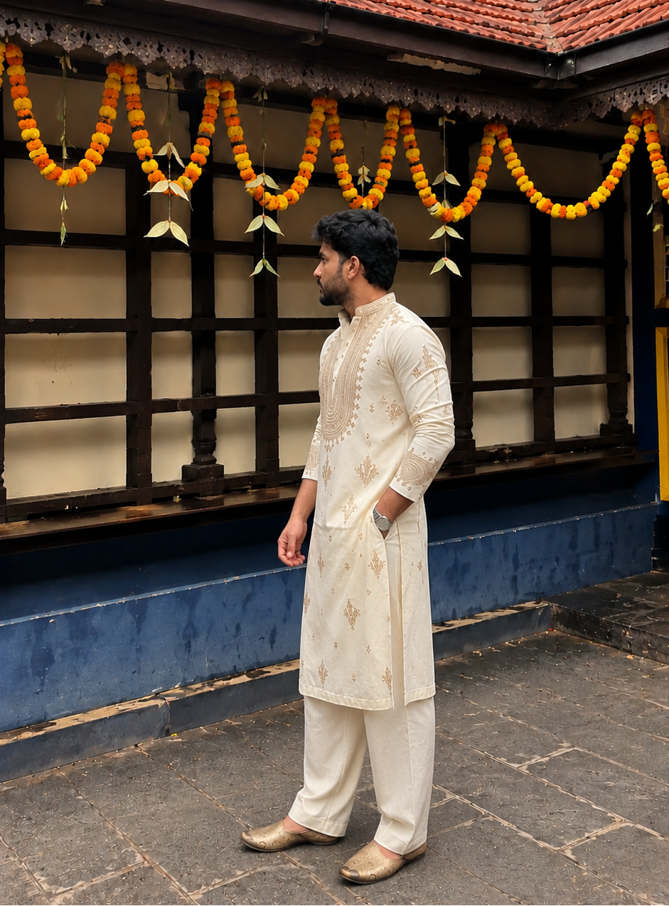 The Royal Cream Kurta Set Embroidery [R-Edition]
