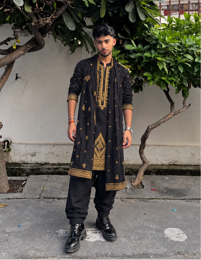 Midnight Black Royal Embroidered Kurta Set [A-edition]