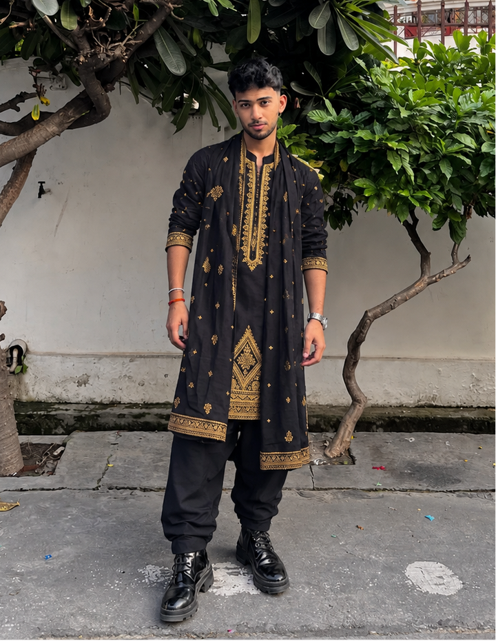 Midnight Black Royal Embroidered Kurta Set [A-edition]