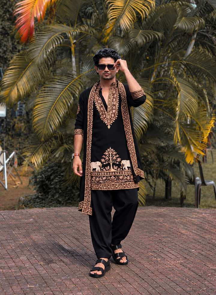 Royal  Black Embroidered Kurta Pajama – 3 Piece Set