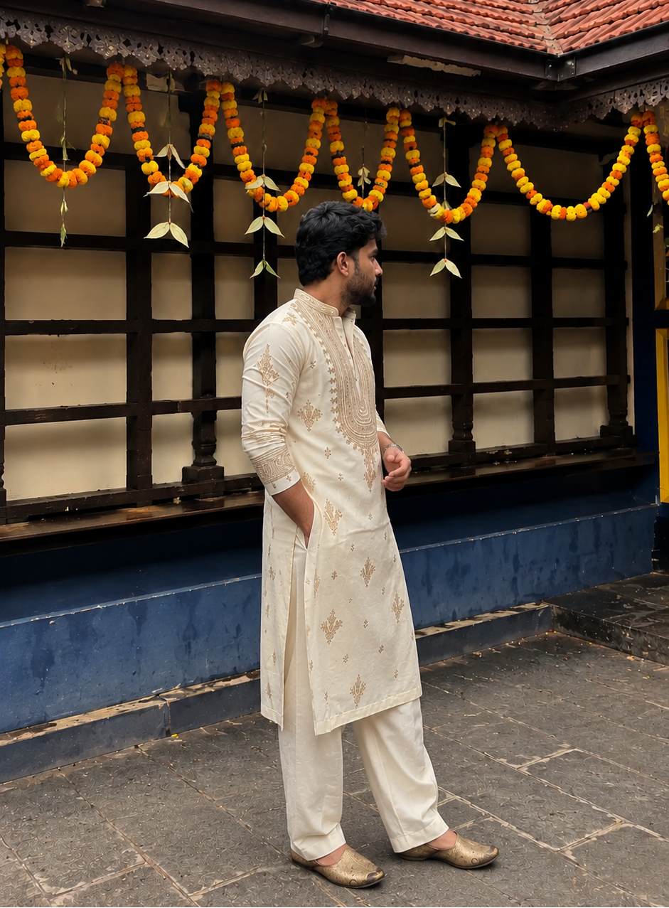 The Royal Cream Kurta Set Embroidery [R-Edition]