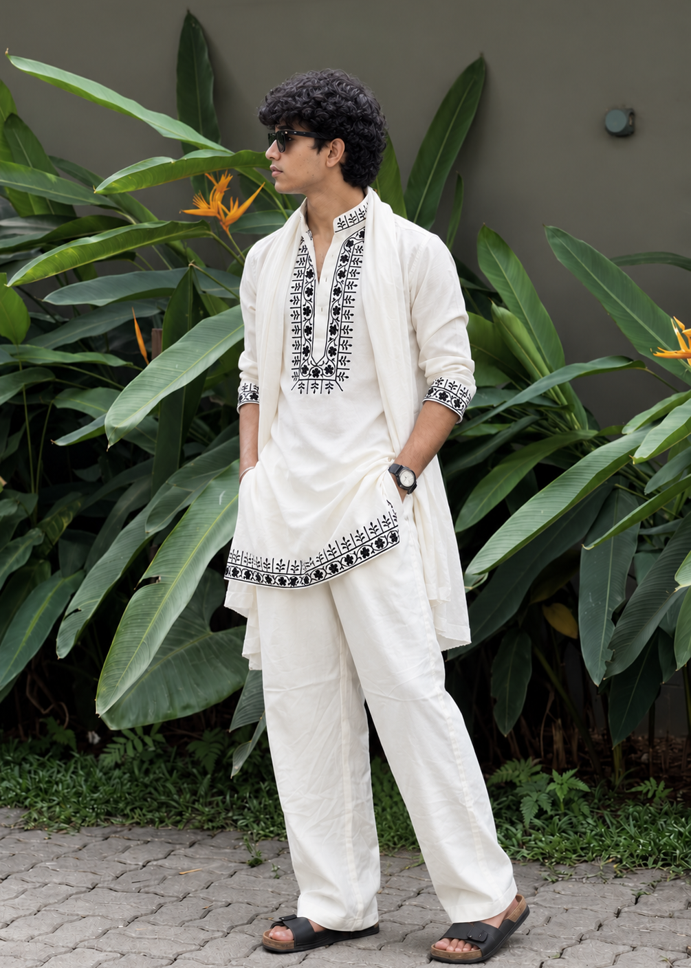 White Hand Embroidery Cotton Kurta Pyjama