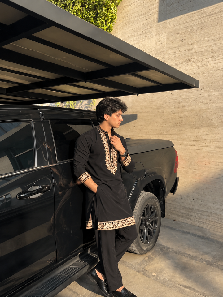 Z Black Kurta Set Embroidery With Armani Flex