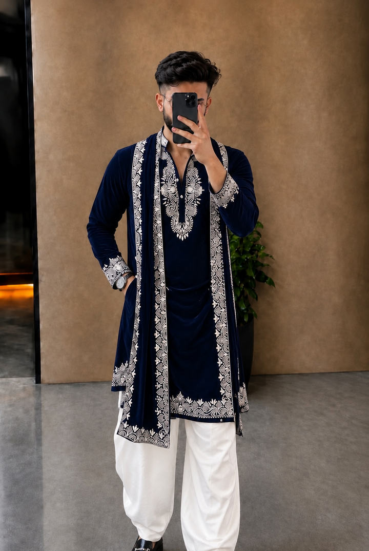 Black Kurta Cream Pyjama & Dupatta Embroidery