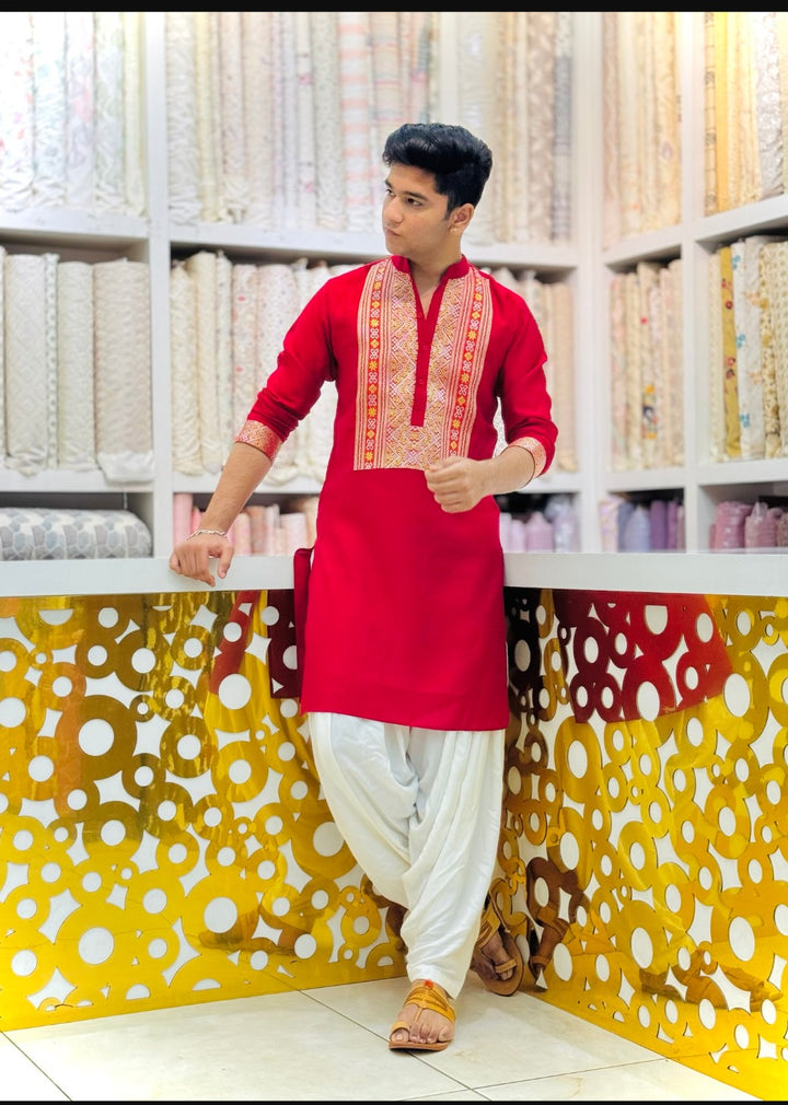 Hot Red Kurta Pyjama With Embroidery Work