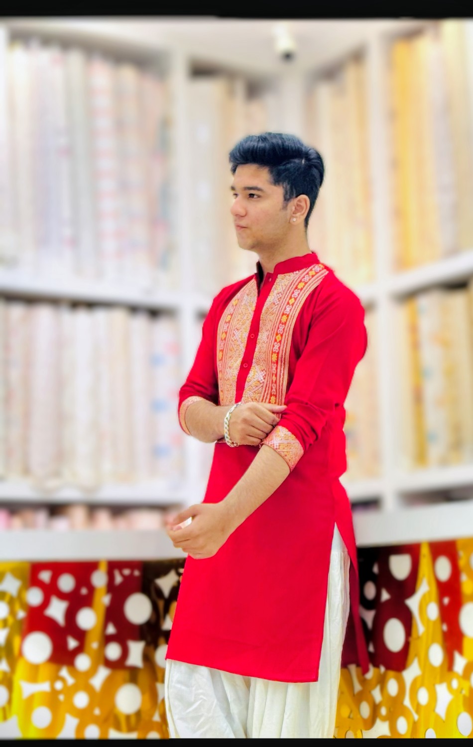 Hot Red Kurta Pyjama With Embroidery Work