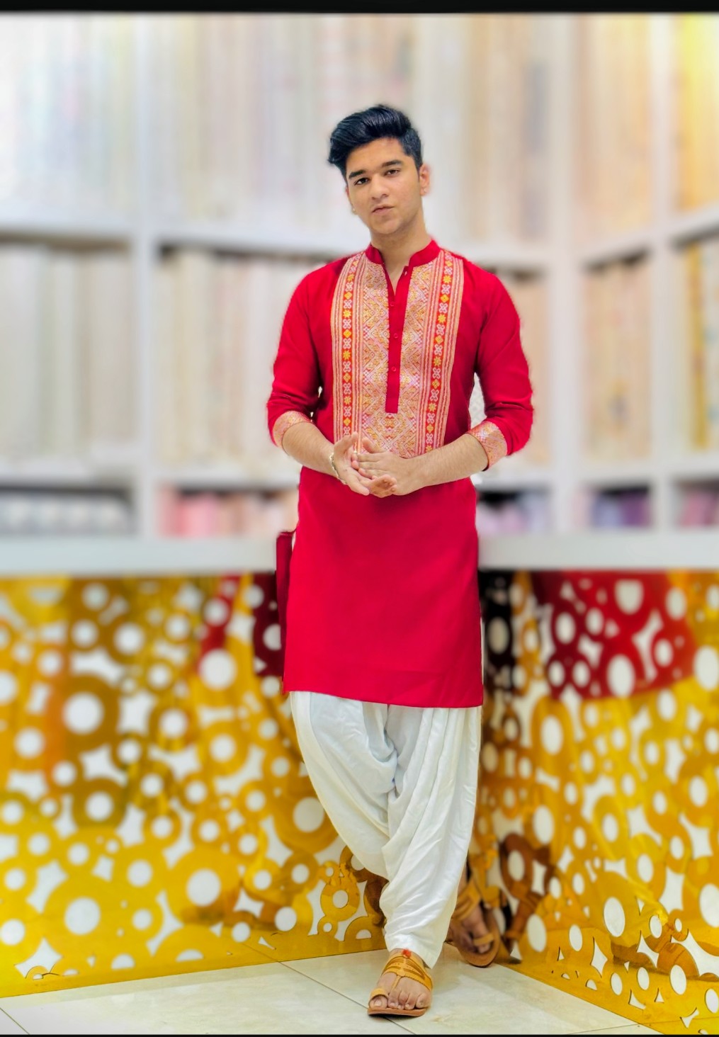 Hot Red Kurta Pyjama With Embroidery Work